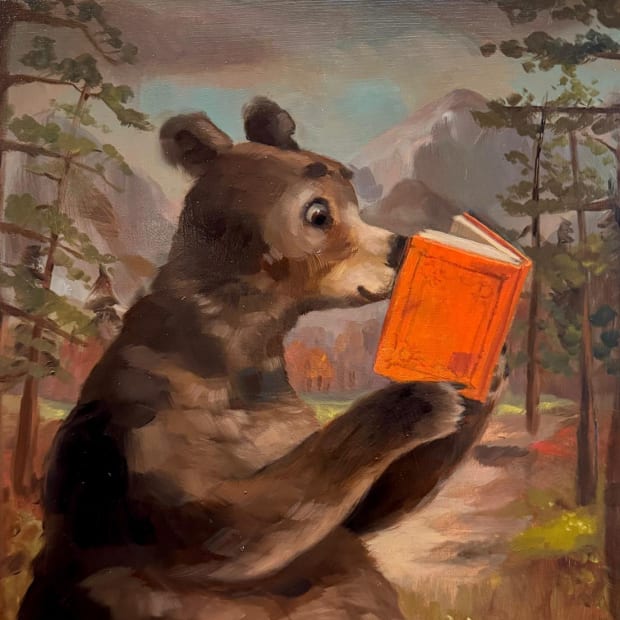 detail image of a painting by artist Alison Friend depicting a large brown bear reading an orange book in the forrest