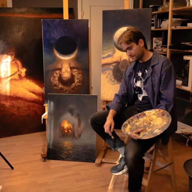Artist Miles Johnston in the studio