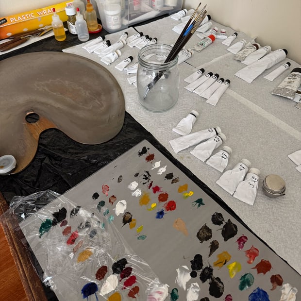 Matthew Grabelsky's paint, paint palette and brushes