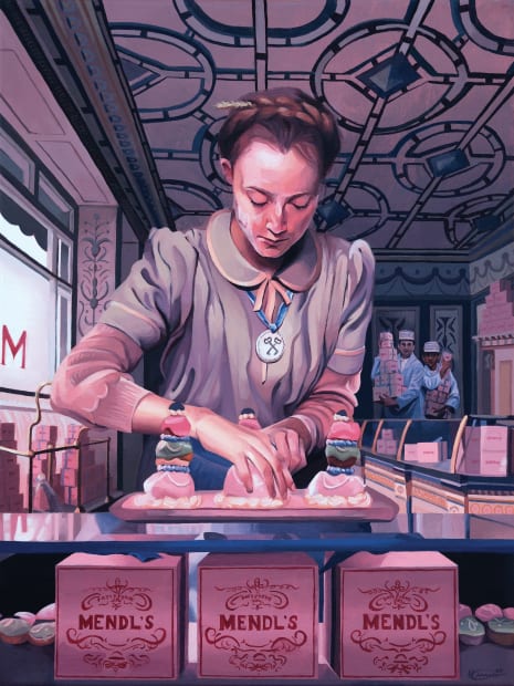 pink painting of a wes anderson charachter "agatha" packing boxes of pastries