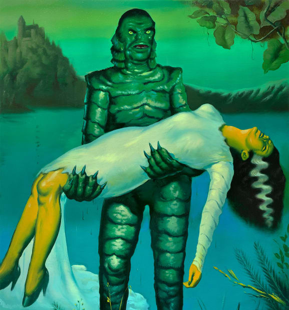 Painting of green monster in front of a lake carrying a woman in a white dress.