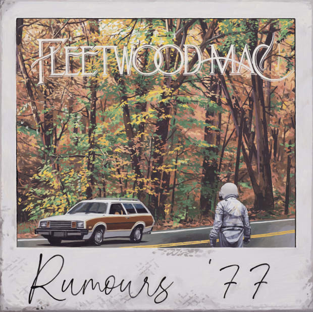 painting of a polaroid of an astronaut with a Fleetwood station wagon with the words FeetwoodMac