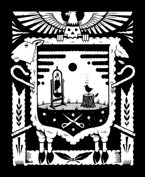 black and white drawing by Jeremy Fish of an eagle gripping on a sheep's back