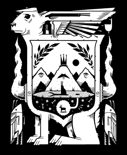 black and white drawing by Jeremy Fish of a hare with a mountain range depicted in the middle of its body