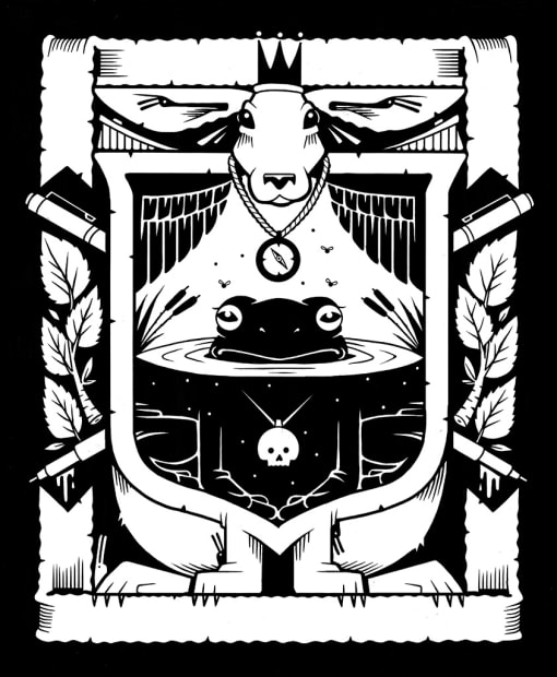 black and white drawing by Jeremy Fish of a frog and a hare wearing a crown and clock watch around their neck