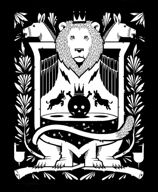 black and white drawing by Jeremy Fish of a lion and four donkeys