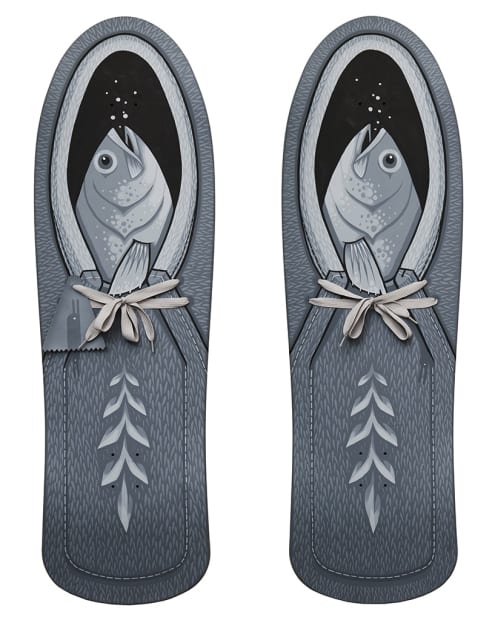 two skateboard decks showing grey fish painted by Jeremy Fish