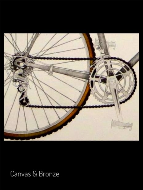 Bicycle illustration focusing on the chain and gears, featuring detailed mechanical elements with a minimalist style.