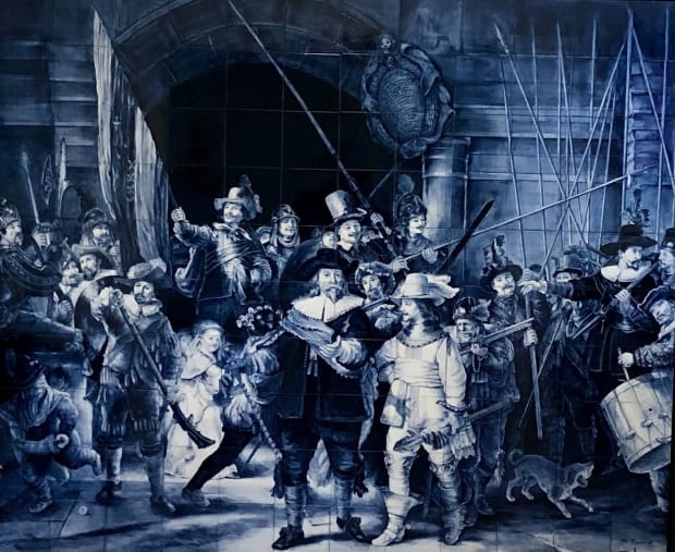 Dutch artwork scene depicting a historical gathering of figures in dark, monochromatic tones, featuring soldiers with spears and a central figure holding a document, reminiscent of 17th-century Dutch art style."