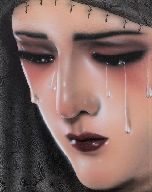 Lady of Sorrows reconsiders the archetype of the mother crying, given the seven sorrows, which in this painting correspond to...