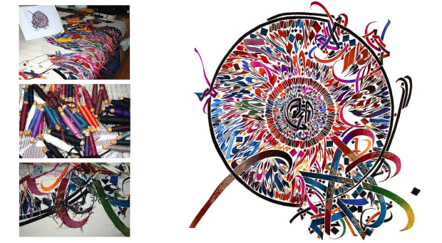 AUBUSSON - 2012 Mahdaoui creates the Traces en Soie Tapestry, a one-off, Aubusson low-warp tapestry in silk, wool and gold...