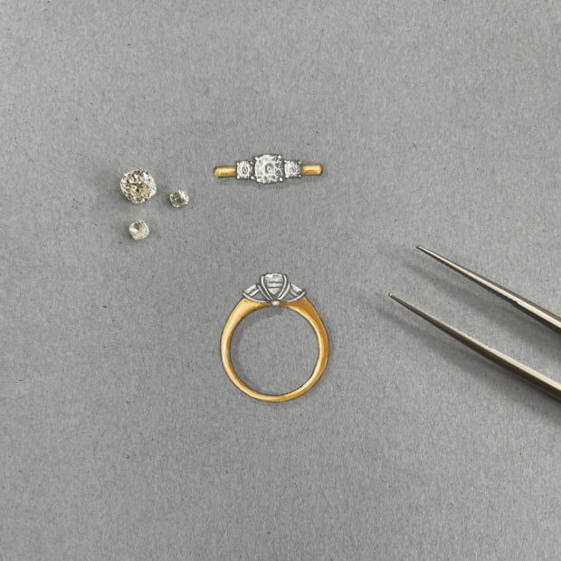 Heirloom diamonds being redesigned into new engagement ring with rendering of ring design