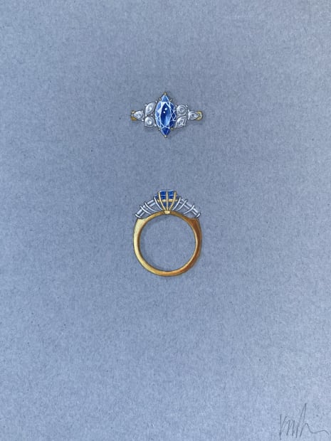 Hand painted gouache rendering of bespoke sapphire & diamond engagement ring