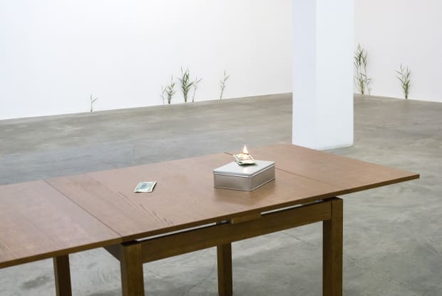 F#ck It, Free Yourself! stages an act of symbolic refusal. Made of porcelain and steel, two hundred-dollar bills burn perpetually...