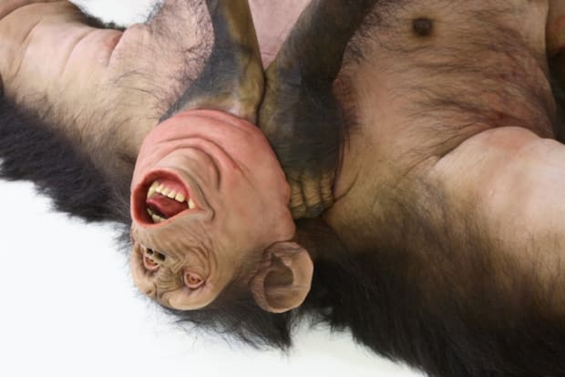 Old Enemy, New Victim presents a darkly comic scene of violence: a monkey lies torn apart, under attack by two...