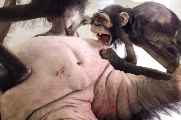 Old Enemy, New Victim presents a darkly comic scene of violence: a monkey lies torn apart, under attack by two...