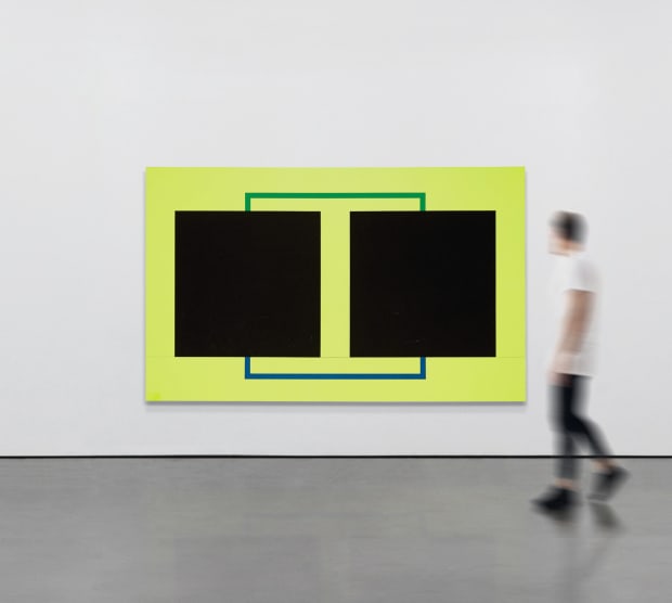 Peter Halley. Two Cells with Circulating Conduit, 1986, Acrylic, fluorescent acrylic, Flashe, and Roll-a-Tex on two adjoined canvases, 162,6 x...