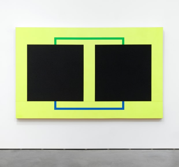 Peter Halley. Two Cells with Circulating Conduit, 1986, Acrylic, fluorescent acrylic, Flashe, and Roll-a-Tex on two adjoined canvases, 162,6 x...