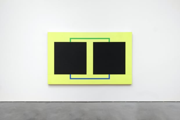 Peter Halley. Two Cells with Circulating Conduit, 1986, Acrylic, fluorescent acrylic, Flashe, and Roll-a-Tex on two adjoined canvases, 162,6 x...