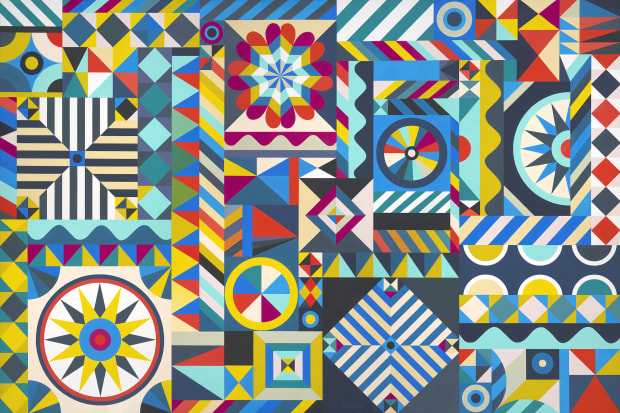 a geometric abstract painting by Sarah More of colors and shapes inspired by flowers, machinery and the natural world