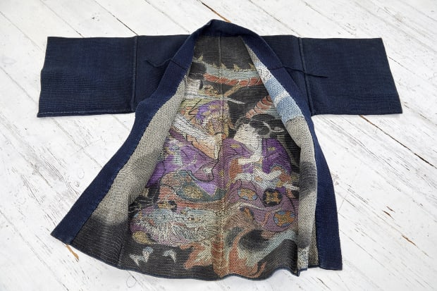 Kimono , Fireman’s reversible jacket (hikeshi-hanten) with overstitched indigo exterior and colourful internal design of dragon, Early 20th century