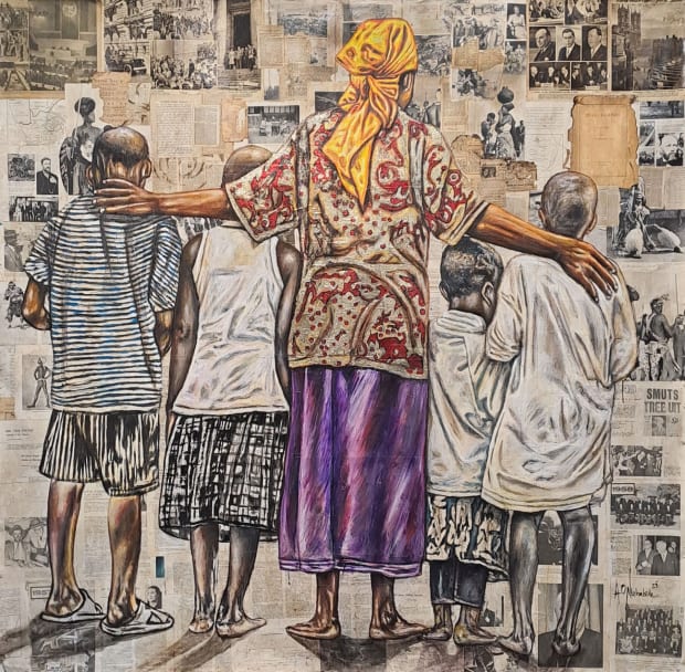 Q: You make use of historical artefacts in the background of your works, such as colonial maps, stamps, archival photographs,...