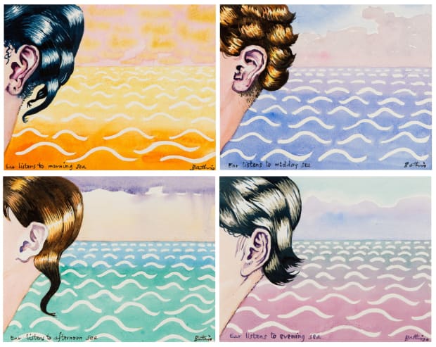 The quadriptych Mrs Thomas Leisure Bay: Ear listens to morning, midday, afternoon, and evening sea is a poetic musing created...