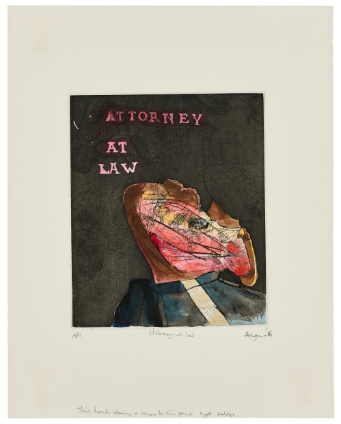 Attorney-at-Law (1986) is a hand-coloured etching that reveals Robert Hodgins' satirical and acerbic wit. Created during apartheid-era South Africa, it...