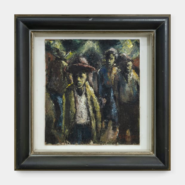 Gerard Sekoto 1913-1993 Commuters, c.1939-42 Signed (bottom right) Oil on canvas laid down on panel 43.5 x 43.5 x 7...