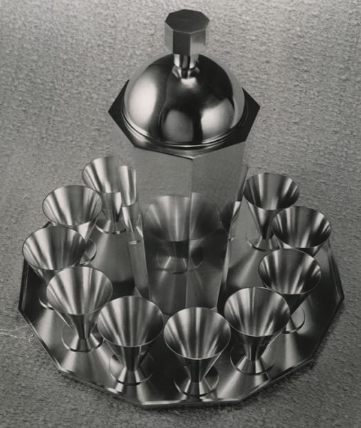 Cocktail shaker, goblets and tray.