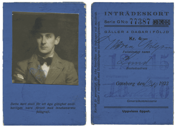 Wiwen Nilsson’s entry card to the Gothenburg Tercentennial Jubilee Exposition, 1923.