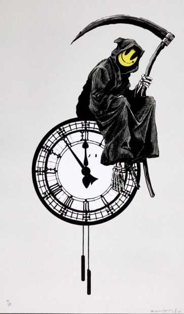 Banksy’s 2005 Grin Reaper with scythe and yellow smiley face, dark humour street art.