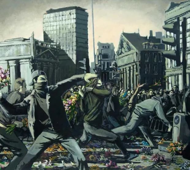 Banksy’s 1998 Flower Power depicts peaceful protest with flowers replacing weapons, early anti-war theme.