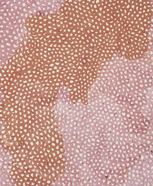 Yayoi Kusama, Red Nets, 1966. Oil on canvasboard, 61 × 50.5 cm. Infinity Net painting with dense red looping brushstrokes, signed and dated on the reverse.