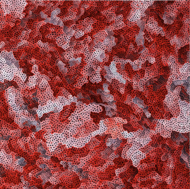 Yayoi Kusama, Infinity Nets (TWXOB), 2014, large acrylic on canvas painting with dense looping brushwork and intricate net patterns in rhythmic abstraction.