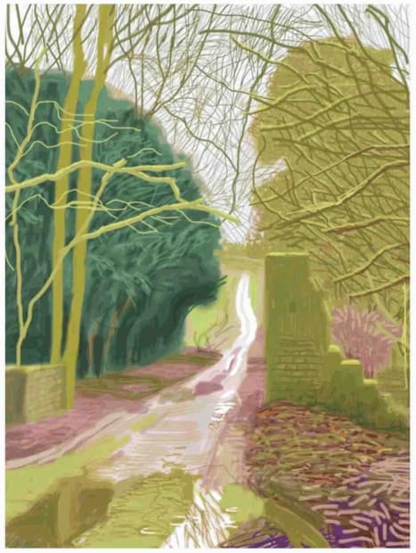 Hockney iPad drawing of Woldgate lane with mossy walls, puddles and pastel light from large Arrival of Spring collection