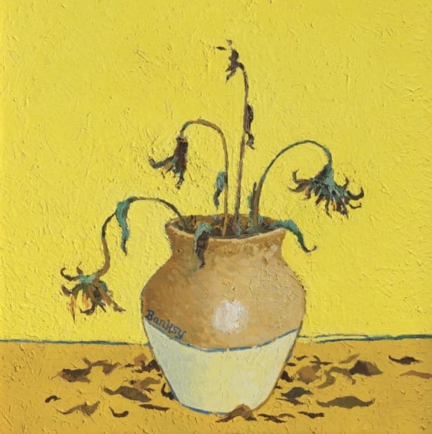 Banksy’s 2005 Sunflowers parody of Van Gogh, wilted flowers as metaphor for industrial decay.