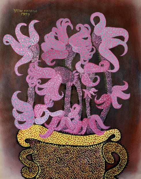 Yayoi Kusama, Yellow Vase, 1979. Acrylic, watercolour, and ink on paper, 62.5 × 50.7 cm. A post-New York work reflecting Kusama’s transformation of everyday forms into psychologically charged compositions.