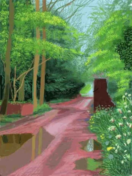 Hockney iPad drawing of rain-soaked Woldgate lane with green trees, puddles, wildflowers from Arrival of Spring in Woldgate