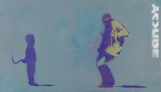 Banksy Sickle Kid 1999 stencil street art of child holding a sickle