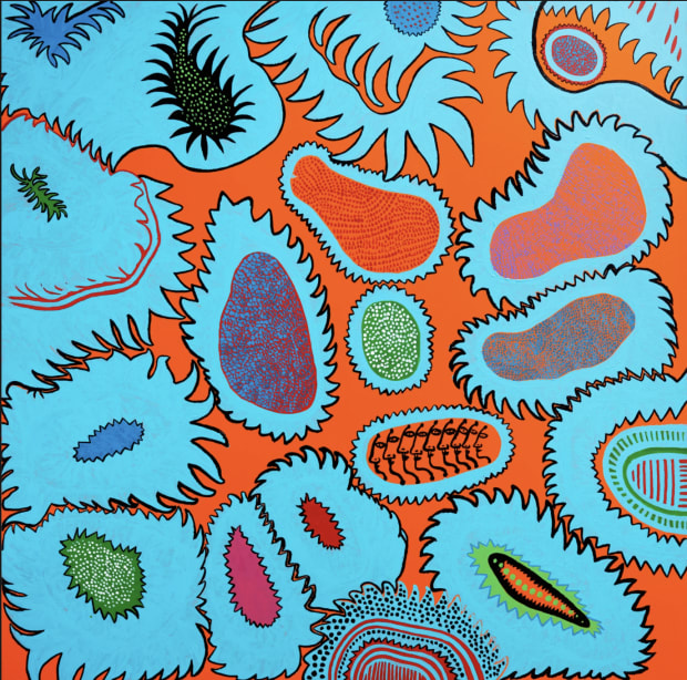 Yayoi Kusama, Talks of a Flower Garden, 2015. Large square acrylic painting, 190 × 190 cm, featuring vibrant biomorphic forms and Kusama’s signature polka dot and floral motifs.
