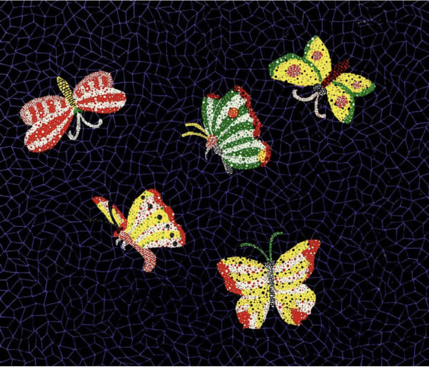 Yayoi Kusama, Butterfly, 1985. Screenprint, 45 × 53 cm, edition of 100. Depicts Kusama’s stylised butterfly motif rendered with bold colour and repeating patterns, characteristic of her mid-1980s print works.