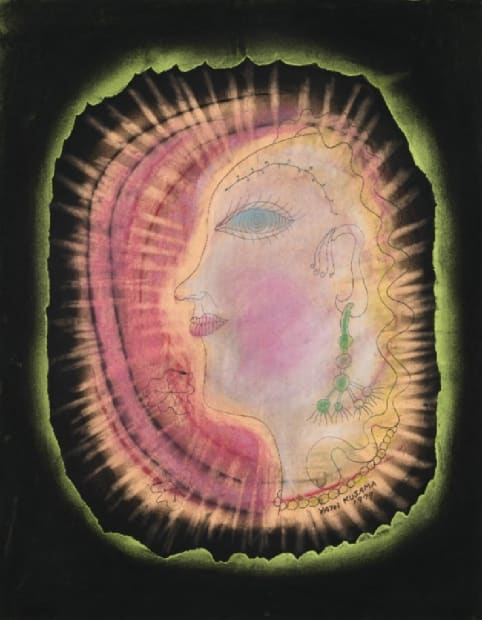 Yayoi Kusama, Green Earring, 1977. Mixed media on paper, 65.8 × 51.5 cm. Signed and dated. A post-New York work reflecting her shift to an introspective Japanese practice in the late 1970s.