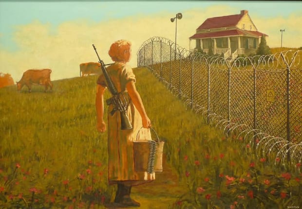 Banksy’s 2009 Peasant Women with Rifle shows rural woman armed, unexpected power image.