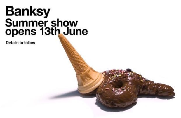 Poster for Banksy vs Bristol Museum Summer show, showing an ice cream cone and ice cream on the floor