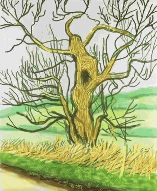Hockney iPad drawing of twisted tree in pale green field with golden bark and bare branches, 22 March 2011