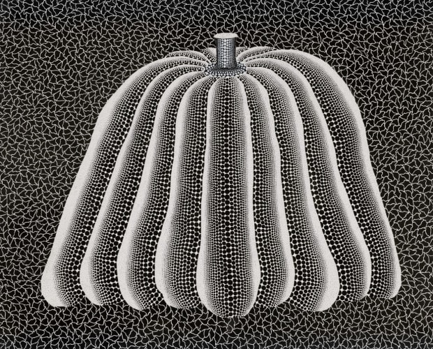 Yayoi Kusama, Pumpkin, 1991. Acrylic on canvas, 72.7 × 90.8 cm. Signed, titled, and dated. A 1990s work reflecting Kusama’s iconic pumpkin motif as a universal symbol of resilience and infinity.