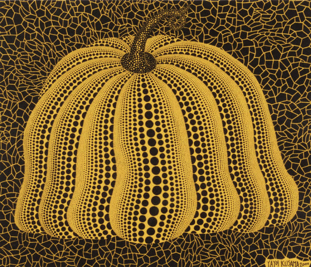 Yayoi Kusama, Pumpkin 2000 (Yellow), 2000. Screenprint in colours, sheet 48.1 × 64.1 cm, edition of 200. Features Kusama’s iconic yellow pumpkin motif with bold dots and graphic patterning.