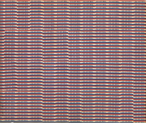 Yayoi Kusama, Repetitive-Vision, 1963. Stamps on paper, 50.8 × 83.1 cm. Large Accumulation series work made from repeated airmail stamps, signed and dated.