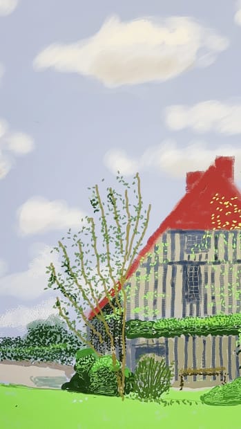 David Hockney, *30th May 2021, From the Studio*, 2021. iPad drawing capturing the artist’s view from his Normandy studio, part of his ongoing digital series. © David Hockney.